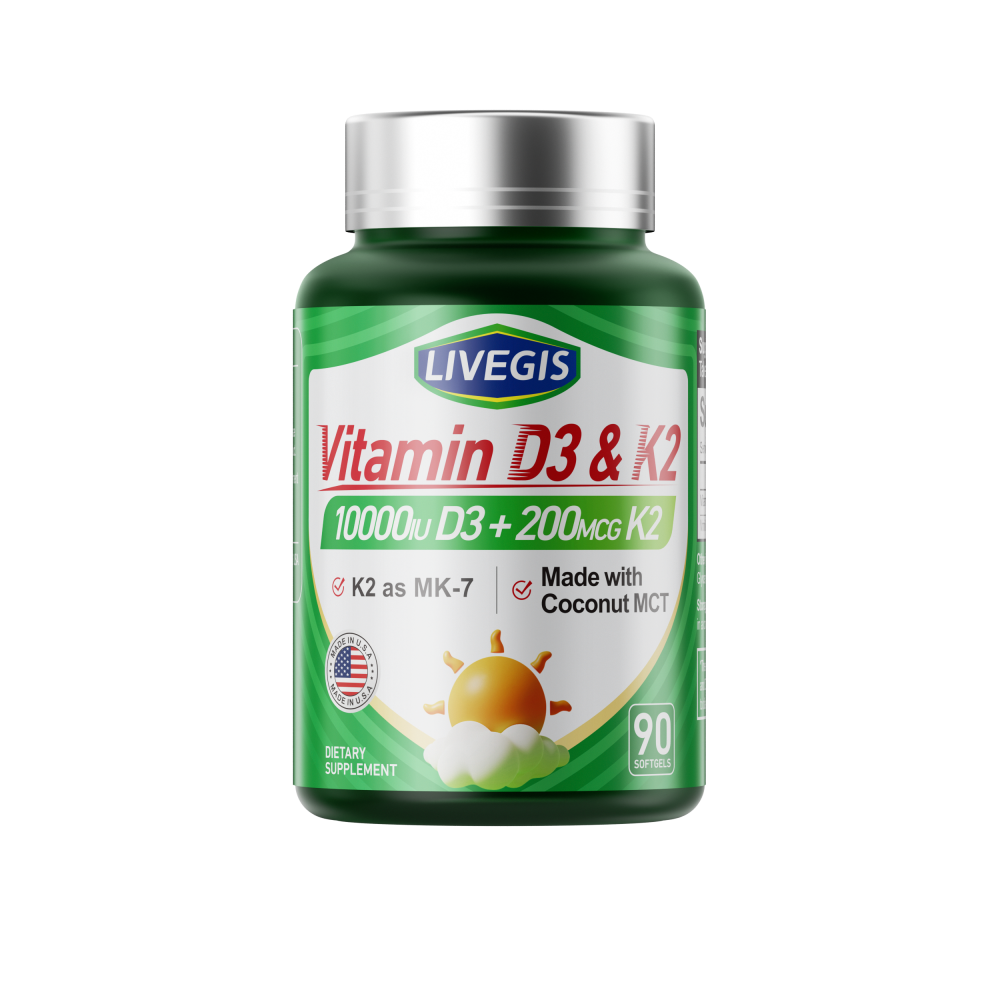 Vitamin D3 K2 Softgels, D3 10000 IU with K2 (MK-7) 200 mcg with Coconut Oil Softgels, Easy to Swallow 2 in 1 Vitamins D & K, Supports Calcium Absorption, Immune and Heart Health - 90 Counts